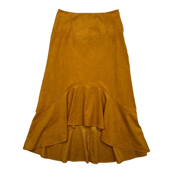 Anthropologie Maeve Orange Flounced Faux Suede Midi Skirt High-low Hem Size 6 - Picture 1 of 12